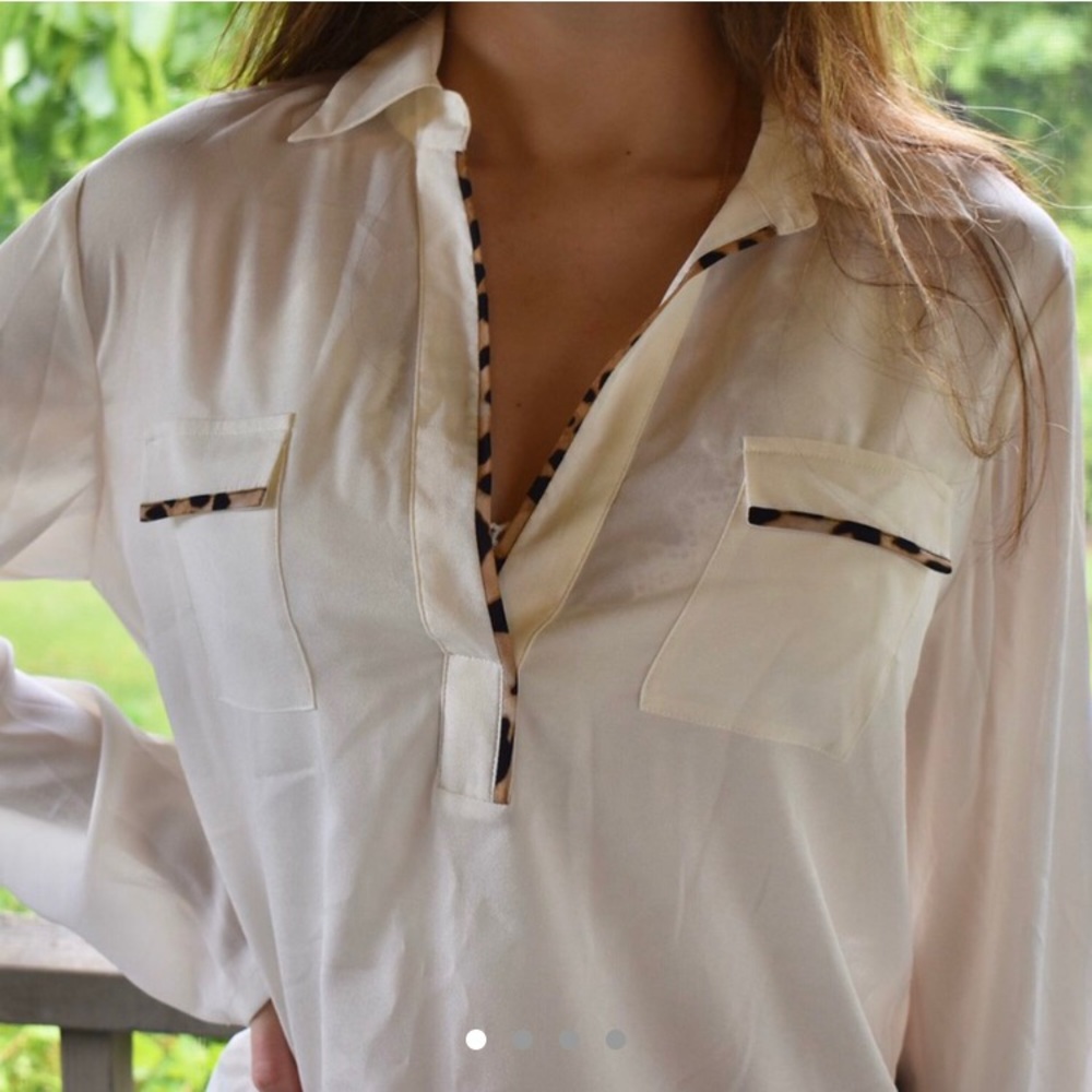Calvin Klein White Blouse w/ Leopard Trim